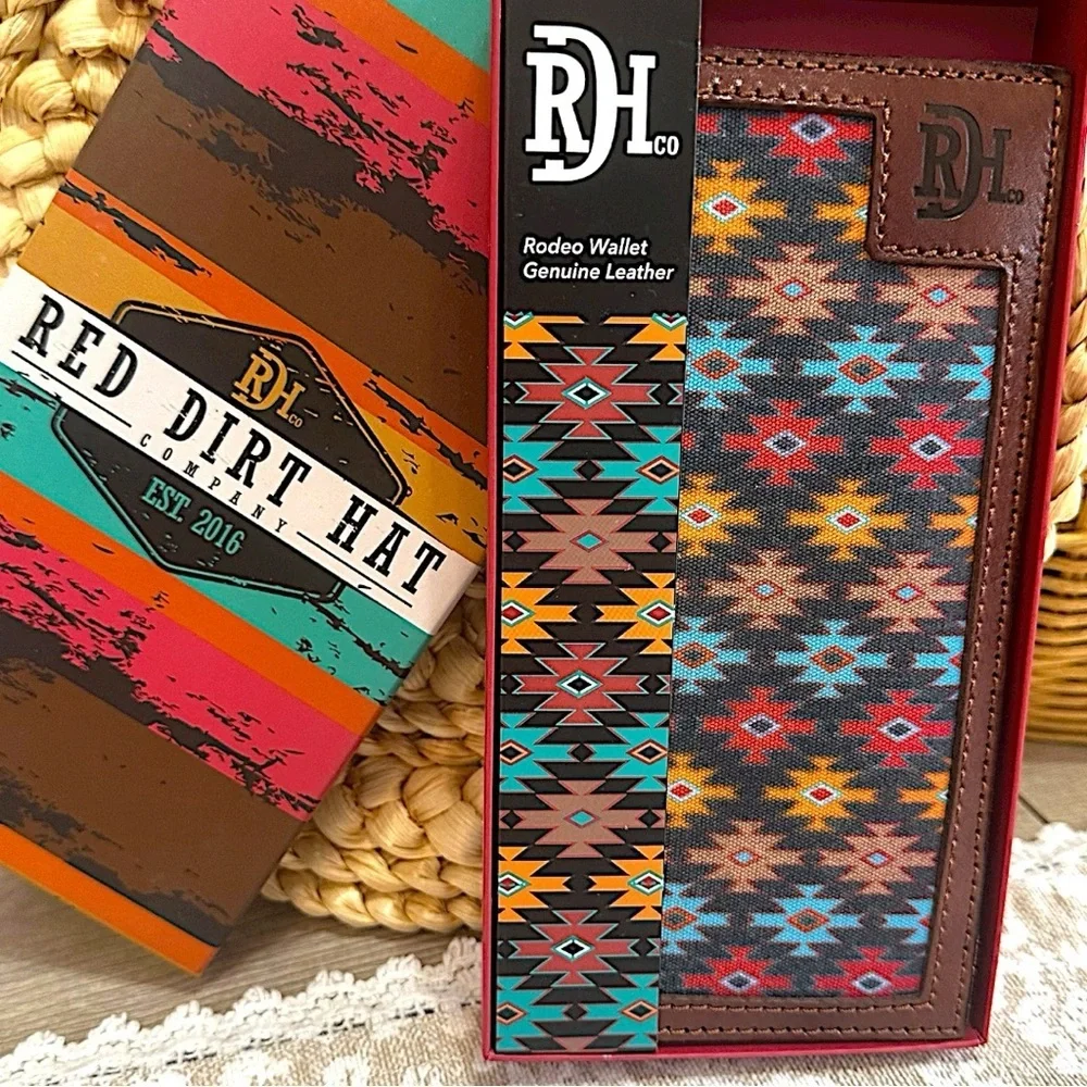 Red Dirt Hat Co Mens Rodeo Southwest Canvas Inlay Wallet Genuine Leather New